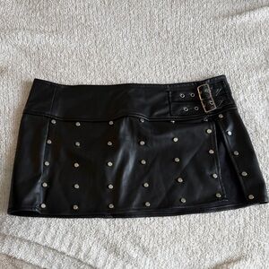Fashion Nova Black Faux Leather Studded Mini Skirt with Buckle Detail